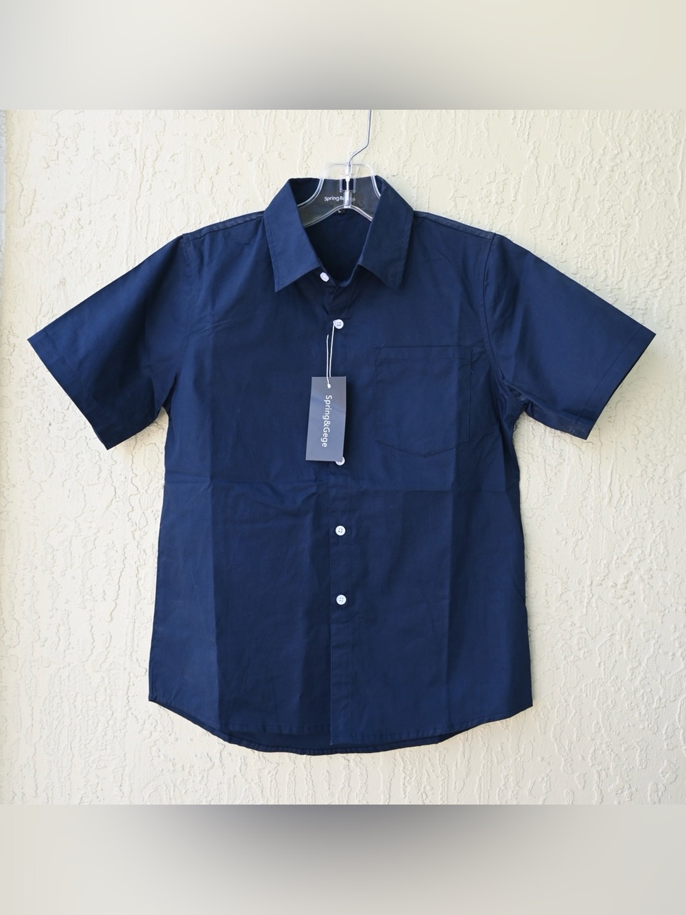 Spring & Gege Boys' Navy 100% Cotton Short-Sleeve Button-Down Shirt